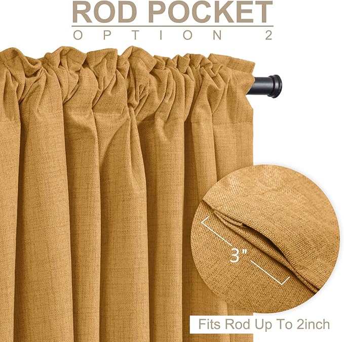 100% Blackout Shield Linen Blackout Curtains for Bedroom 102 Inches Long,Back Tab/Rod Pocket Living Room Drapes,Thermal Insulated Textured Blackout Curtains 2 Panels Set,50" W x 102" L,Mustard Yellow