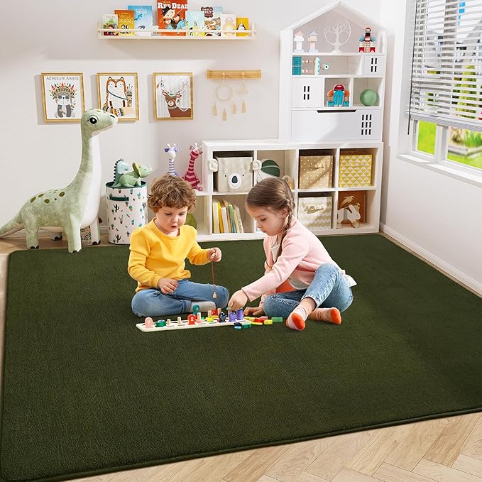 Amearea Large Modern Area Rugs for Bedroom Living Room, 5x8 Feet Olive Green Thickened Memory Foam Rug, Fluffy Indoor Washable Rugs Non Slip Minimalist Carpet for Boys Girls Dorm Nursery Room Decor