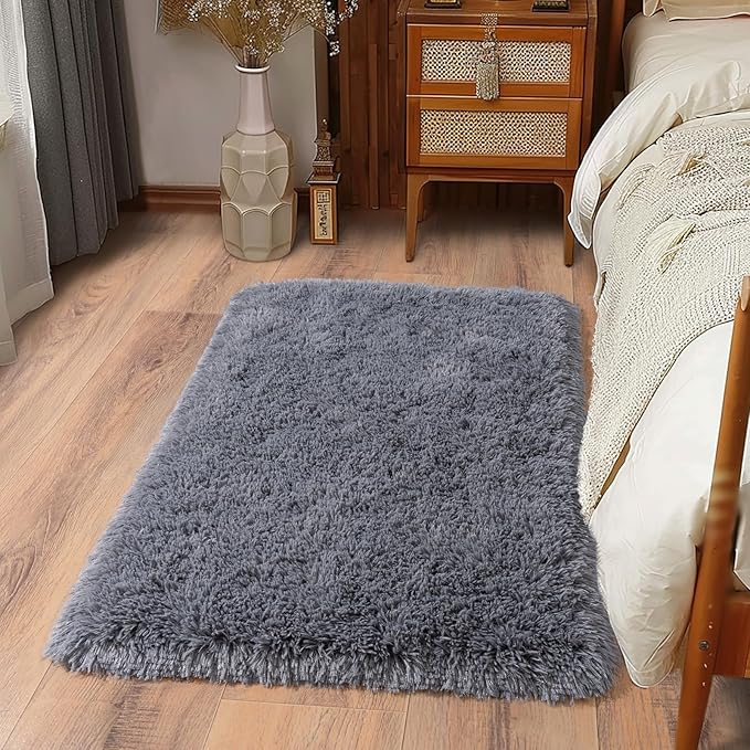 Ultra Soft Runner Rugs for Bedroom Hallways with Upgraded Non-Slip Rubber Backing & Thick Memory Sponge, 2x3 Feet Fluffy Shag Throw Area Rug for Bedside Dorm Dark Grey
