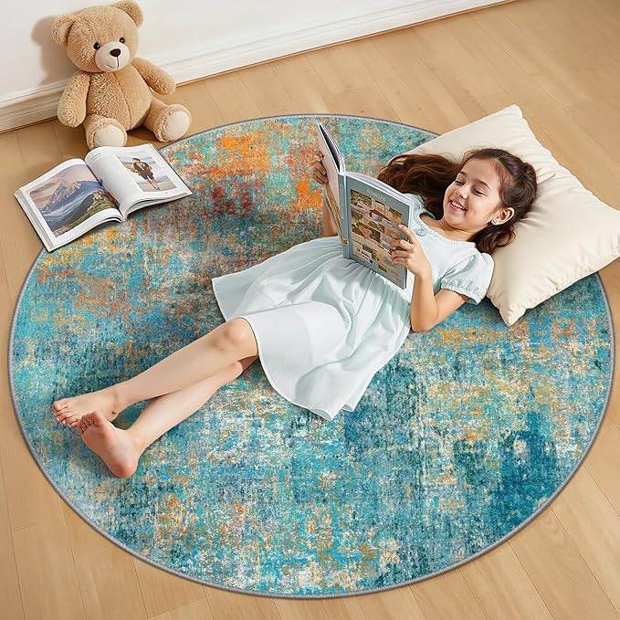 Washable Area Rugs 4ft Non-Slip Modern Abstract Soft for Living Room Entryway Bedroom Nursery, Print Pattern, Teal Blue Green Orange Rust Red Coloreful