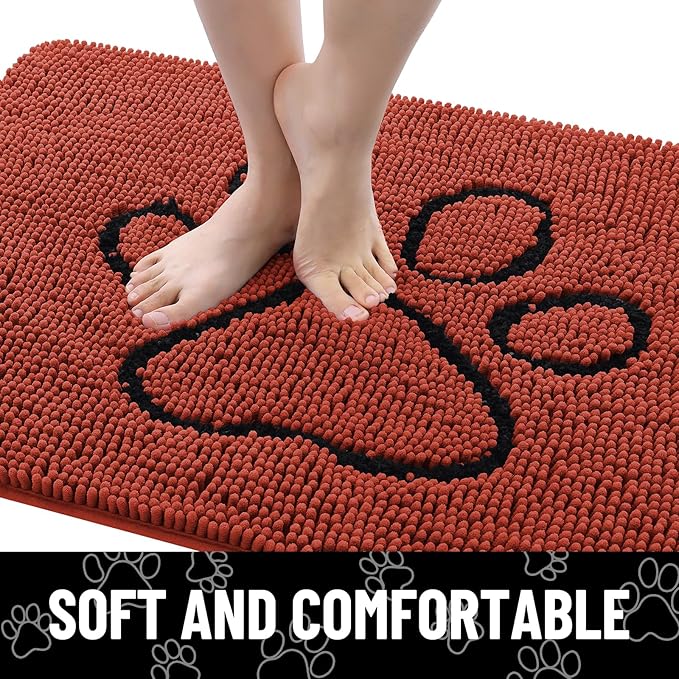 Smiry Dog Door Mat for Muddy Paws, Absorbent Dirt Trapper Non Slip Quick Dry Washable Chenille Mat for Mud Dogs, Entry Rug for Indoor and Outdoor (48x30 Inches, Maple Red and Black)