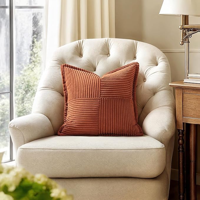 MIULEE Dark Rust Decorative Throw Pillow Covers for Couch Bed Livingroom 20x20 Inch Set of 2 Boho Accent Throw Pllows Broadside Striped Patchwork Soft Corduroy Pillowcases