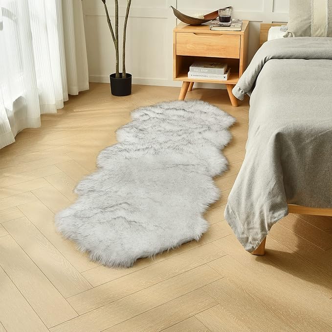 duduta White Black Faux Sheepskin Runner Rugs 2x6 ft, Fluffy Shag Bedroom Rug Fur Couch Sofa Covers Washable