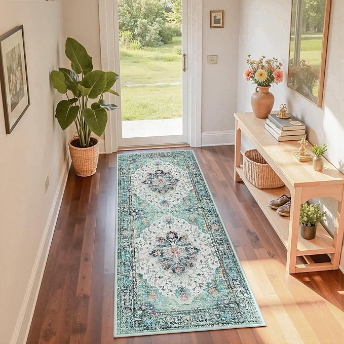Area Rugs 2'x6' Runner Rug Non Slip Washable for Kitchen Hallway Bedroom Beside Laundry Room Bathroom Rug, Floor Carpet, Green Navy Blue White Red Teal Colorful