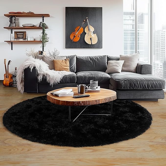 6‘x6’ Black Round Rug for Bedroom, Ultra Soft Fluffy Circle Rug for Kids Girls Boys Room, Cute Shag Rugs for Living Room Playroom Teen Room Home Decor Rug