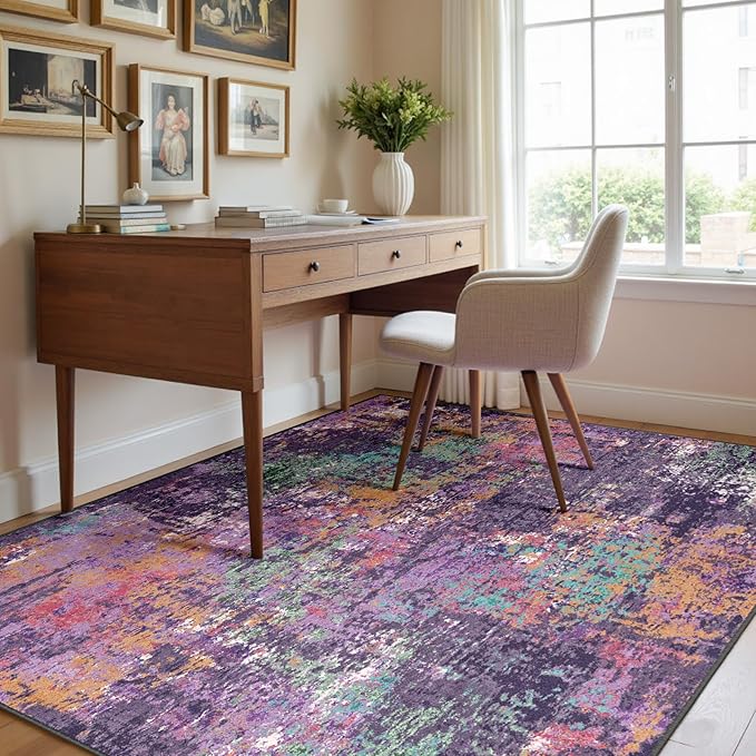 Washable Area Rugs 5'x8' Non-Slip Modern Abstract Soft for Living Room Entryway Bedroom Nursery, Print Pattern, Purple Orange Blue Green Rust Red Colorful