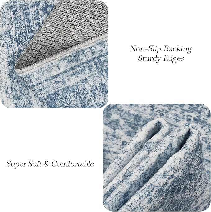 Washable Area Rug 8x10, Large Soft Rugs for Living Room Vintage Blue 8x10 Area Rugs for Bedroom Dining Room Non-Slip Stain Resistant Under Table Rug