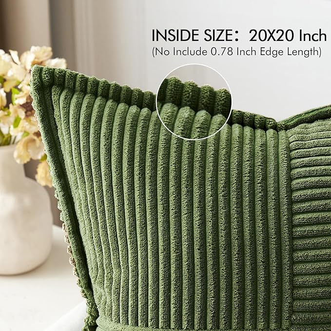MIULEE Spring Decorative Throw Pillow Covers for Couch Bed Livingroom 20x20 Inch Set of 2 Moss Green Boho Accent Throw Pllows Broadside Striped Patchwork Soft Corduroy Summer Pillowcases