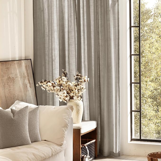 Taupe Linen Curtains 120 inches Long for Living Room Back Tab Rustic Farmhouse Semi Sheer Light Filtering Window Curtain Dining Room Soft Thick Flax Linen Textured Drapes Burlywood Birch Dark Brown