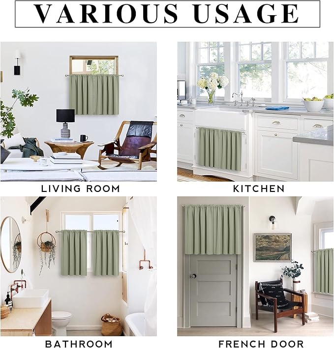 RYB HOME Short Blackout Curtains for Bedroom, Room Darkening Insulated Summer Heat Light UV Blocking Energy Saving Drapes for Nursery, Width 34 by Length 45, Sage Green, Set of 2