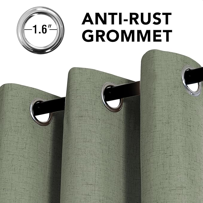 H.VERSAILTEX Linen Curtains 100% Blackout Curtains for Bedroom 102 inch Long Full Light Blocking Nature Linen Blended Window Curtains for Living Room Nickel Grommet (2 Panels, Heathered Dried Sage)