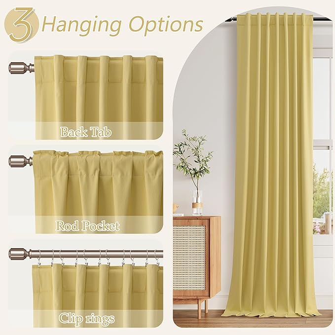 Guken Yellow 100% Blackout Linen Curtains 90 Inch Length 2 Panels Set for Living Room Bedroom Back Tab/Rod Pocket Thermal Insulated Black Out Drapes Room Darkening Farmhouse Window Curtains,52x90