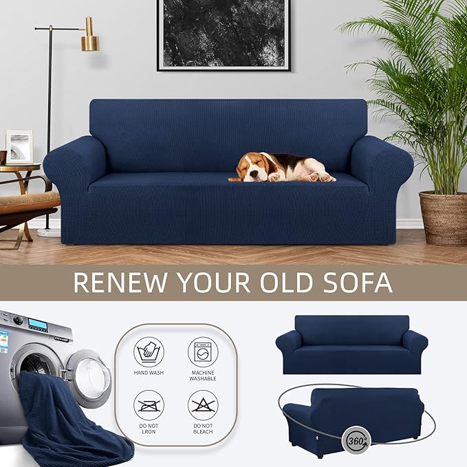 KEKUOU Stretch Sofa Cover Slipcover ，Couch Covers for 3 Cushion Couch Sofa pet Friendly (78"-94") Furniture Protector Sofa with Elastic Bottom for Kids,Dog, Jacquard Small Checked(Large,Navy Blue)
