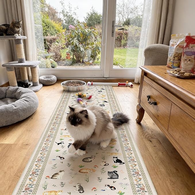 2x10 Washable Hallway Runner Rug - Soft Low Pile Floral Animal Cat Print Rugs with Non-Slip Backing Waterproof Stain-Resistant Indoor Carpet for Kitchen Entryway Bathroom Bedroom (Light Beige)