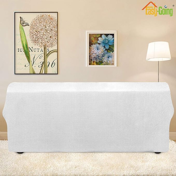 Easy-Going Stretch 4 Seater Sofa Slipcover 1-Piece Sofa Cover Furniture Protector Couch Soft with Elastic Bottom for Kids, Polyester Spandex Jacquard Fabric Small Checks Snow White