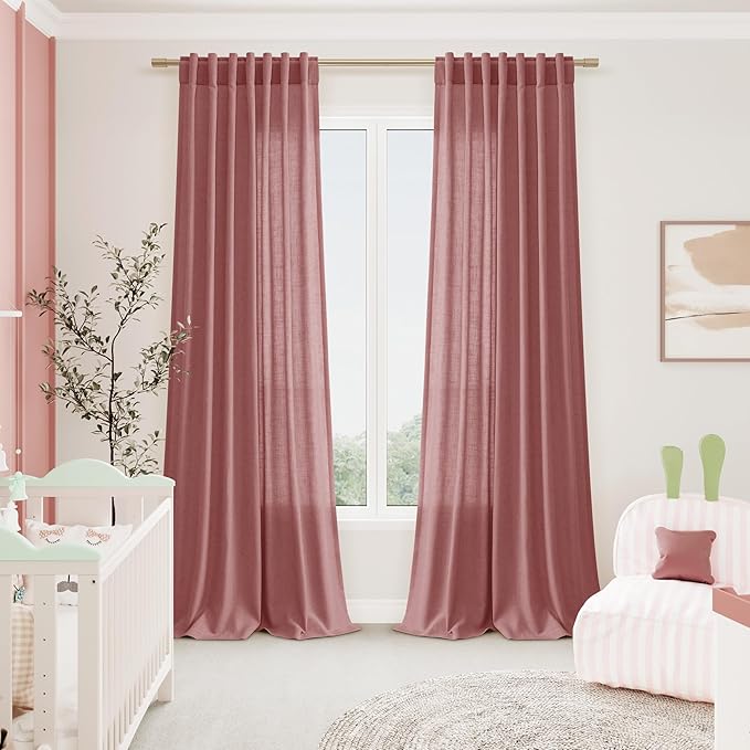 Extra Long Canyon Rose Linen Curtains 120 Inch for Living Room 2 Panels Set Rod Pocket Back Tab Linen Window Drapes Semi Sheer Light Filtering Privacy High Ceiling Drapes for Farmhouse 52x120