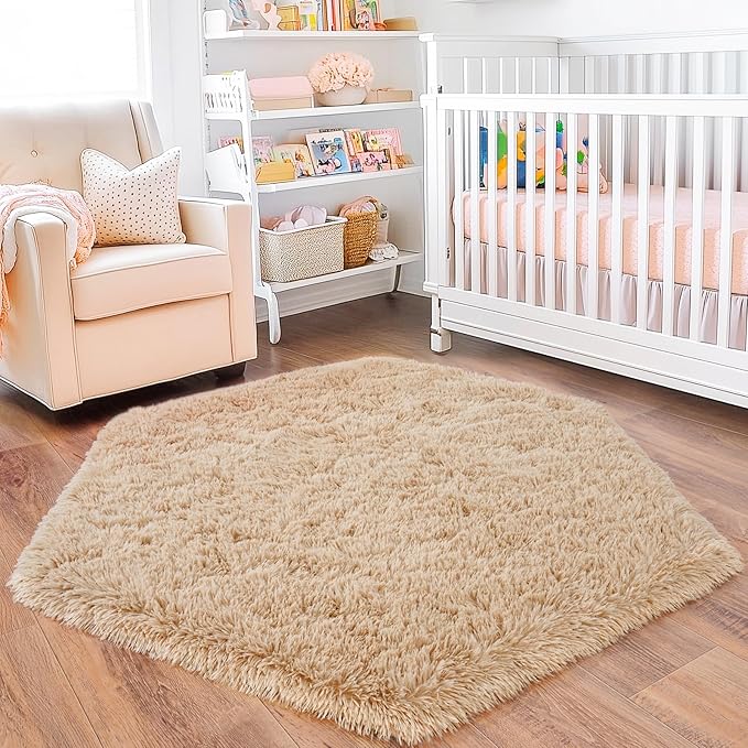 4x4.6 Feet Beige Hexagon Rugs for Princess Tent, Ultra Soft Fluffy Hexagon Area Rug for Bedroom, Cute Shag Rugs for Girls Room, Fuzzy Plush Carpet for Kids Room Tent Castle Home Decor