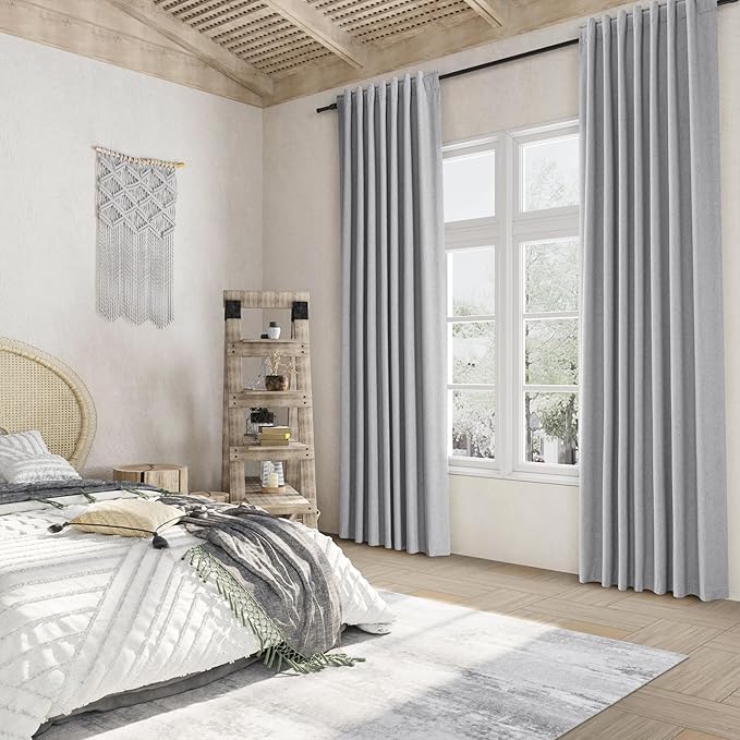 Guken Grey 100% Blackout Curtains 84 Inch Length 2 Panels Set for Living Room Bedroom Back Tab Thermal Insulated Black Out Linen Drapes Room Darkening Window Curtains 84 Inches Long