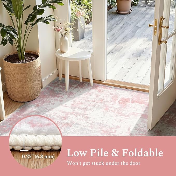 Rugflix 5x7 Area Rugs for Living Room, Washable Large Rug Stain-Resistant Low Pile, Modern Carpet for Dining Room Home Office Kid Room Nursery Bedroom, Pink Grey