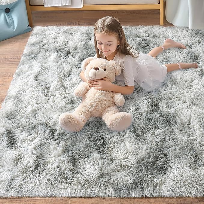 Pionblank 8x10 Rug for Living Room, Fuzzy Plush Large Area Rug, Fluffy Modern Shag Non Slip Soft Furry Carpet for Bedroom Kids Room Nursery Teens Dorm Home Decor, Tie Dye Grey