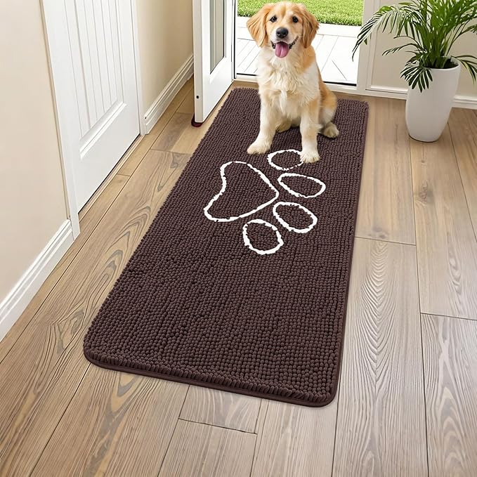 Smiry Dog Door Mat for Muddy Paws, Absorbent Dirt Trapper Non Slip Quick Dry Washable Chenille Mat for Mud Dogs, Entry Rug for Indoor and Outdoor (47x17 Inches, Brown and White)