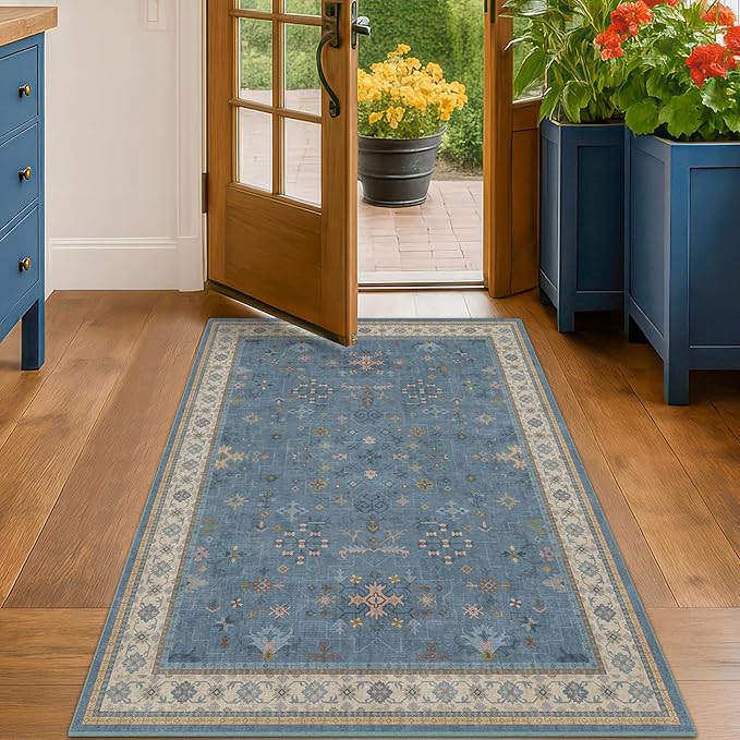 Washable 4x6 Small Rug for Living Room, Area Rug for Kitchen, Bedside, Large Entryway Indoor - Stain Resistant Non Slip with Rubber Backing, Unique Floral Aethestic Décor, Light Blue & Aqua