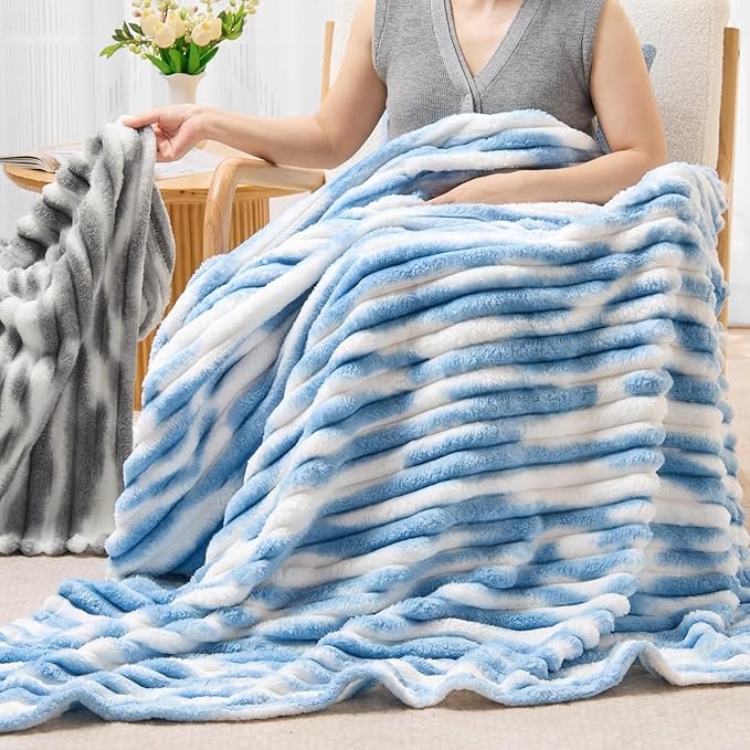 BEDELITE Fleece Throw Blanket for Couch - 300GSM Soft & Warm Fluffy Tie-dye　Blue Blanket, Decorative and Giftable Striped Blankets for Women, Men, 50"x60"