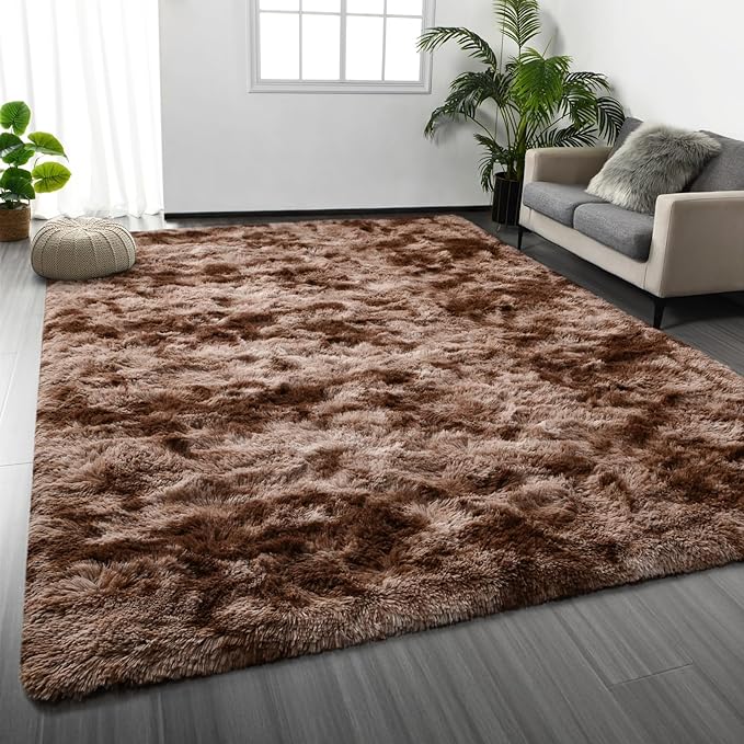 Deerhoo Large Shag Area Rugs 5 x 8, Tie-Dyed Plush Fuzzy Rugs for Living Room, Ultra Soft Fluffy Furry Rug for Bedroom, Indoor Carpet Nursery Rugs for Kids Room Home Decor, Coffee