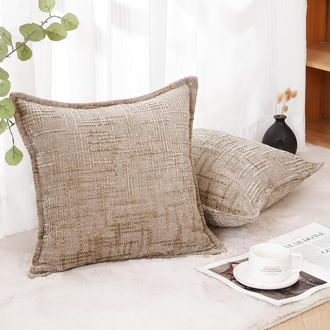 HPUK Fall Chenille Soft Throw Pillow Covers 18x18 Set of 2, Accent Cushion Covers for Living Room, Bedroom, Decorative Solid Color Pillow Covers for Couch, Sofa, Chair, Light Brown