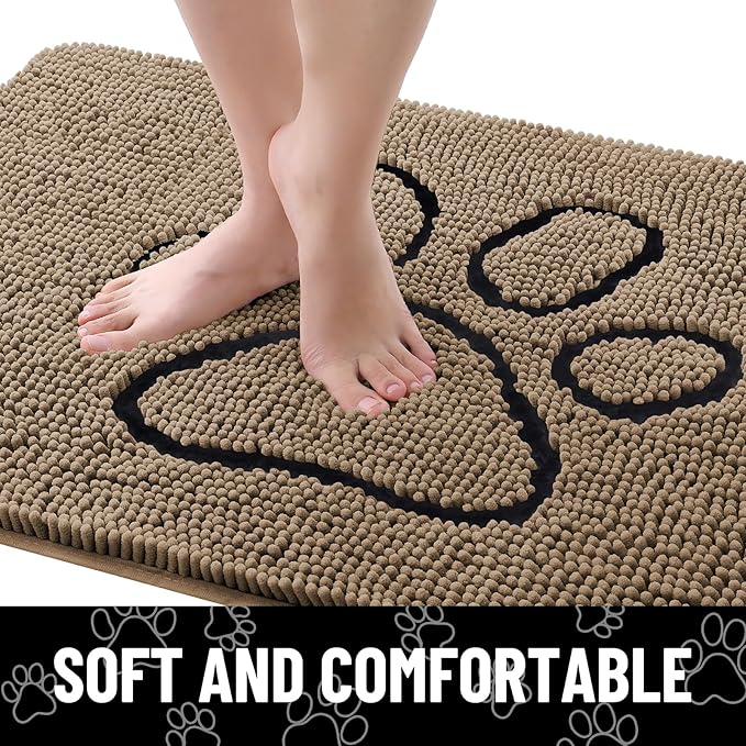 Smiry Dog Door Mat for Muddy Paws, Absorbent Dirt Trapper Non Slip Quick Dry Washable Chenille Mat for Mud Dogs, Entry Rug for Indoor and Outdoor (36x24 Inches, Camel and Black)