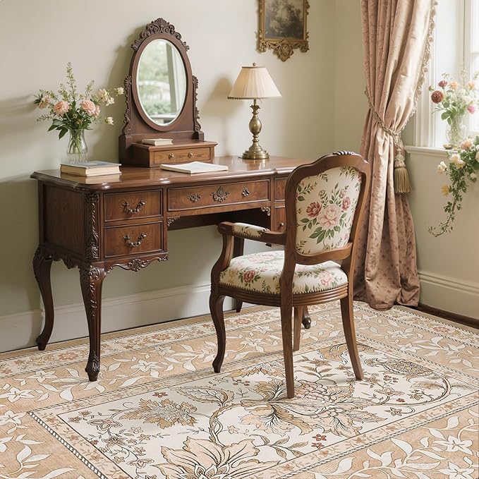 GarveeHome Provence 6x9 Area Rugs, Botanical Grove Vintage Cottagecore Non-Slip Washable Rug for Bedroom Living Room Nursery Kitchen Low-Pile Retro Large Carpet Pinkish Brown