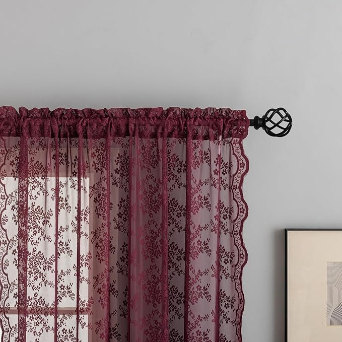 YJ YANJUN Vintage Lace Curtains 45 Inch Length-Victorian Floral Pattern Burgundy Sheer Curtain Panels for Kitchen Bathroom Laundry Room Small Windows Light Filtering 2 Panels 52W x 45L Red Wine
