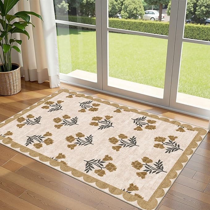 3x5 Floral Entry Rug - Small Washable Indoor Outdoor Mats for Front Door Non-Slip Porch Rug Beige Vintage Farmhouse Throw Rugs for Living Room Bedroom Entryway Kitchen Office Porch Decor