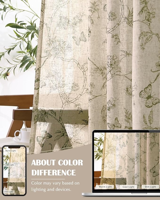 jinchan Floral Linen Curtains for Living Room 84 Inch Length Butterfly Curtain Sage Green Floral Curtains French Country Farmhouse Curtain Flower Patterned Drapes Window Treatment Set 2 Panels