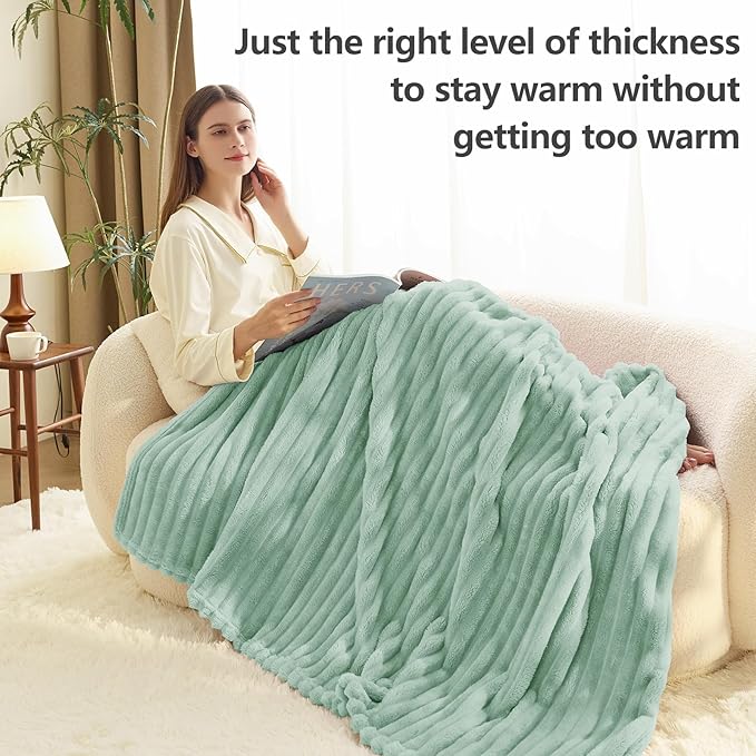 HIMEET Sage Green Ribbed King Size Blanket for Bed - 300GSM Lightweight Fleece Blanket for Men Women, Large Sofa Couch Bed Blankets Gifts, Striped Spring Home Room Decor, Sage Green, 108x90 Inches