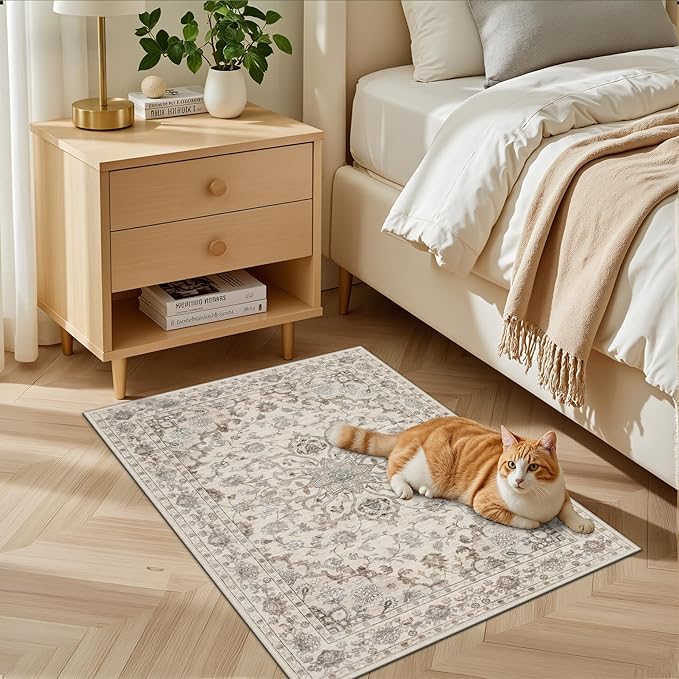 2x3 Area Rugs Living Room Rug: Washable Vintage Distressed Floral Rug No Slip Stain Resistant Soft Carpet Indoor Large Carpets for Bedroom Dining Room Farmhouse Nursery Hallway Home Office Brown Beige