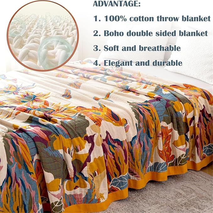 MSGKV Boho Throw Blanket Queen Size 90"x90" Cotton Blanket for Bed Spring Breathable Throw Blanket for Living Room Home Decorative