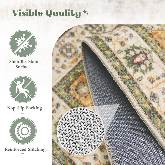 Area Rug 6x9 Washable Rug, Vintage Boho Medallion Rugs Non-Slip Soft Low Pile Large Distressed Rug Indoor Retro Carpet for Living Room Bedroom Dining Room Home Office (Vintage Green, 6'x9')