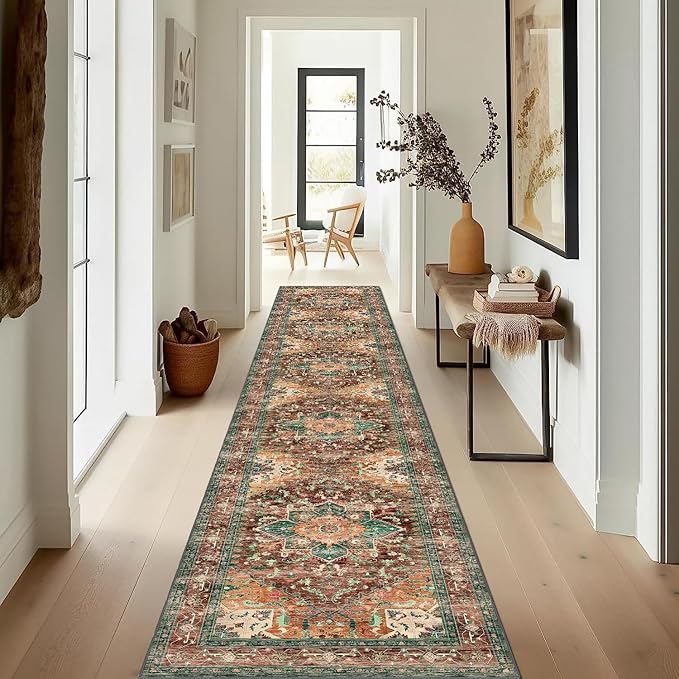 Yamaziot Washable Runner Rug, 2x12 Non-Slip Boho Vintage Hallway Rug Runner with Rubber Backing, Stain Resistant Low Pile Distressed Carpet Runner for Bedroom, Kitchen, Laundry, Entrance