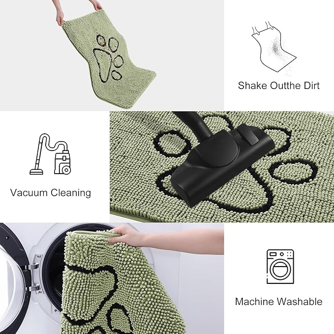 Smiry Dog Door Mat for Muddy Paws, Absorbent Dirt Trapper Non Slip Quick Dry Washable Chenille Mat for Mud Dogs, Entry Rug for Indoor and Outdoor (36x24 Inches, Sage Green and Black)