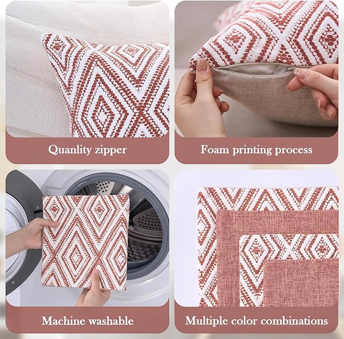 HPUK Decorative Throw Pillow Covers Set of 4 Geometric Design Linen Cushion Cover for Couch Sofa Living Room, 20"x20" inches, Coral