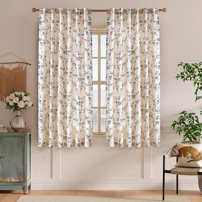 Lazzzy Linen Farmhouse Curtains Blue Floral Curtains 63 Inch Length Back Tab Drapes for Living Room Bedroom Light Filtering Country Vintage Rod Pocket Curtain, 2 Panels, Blue on Beige