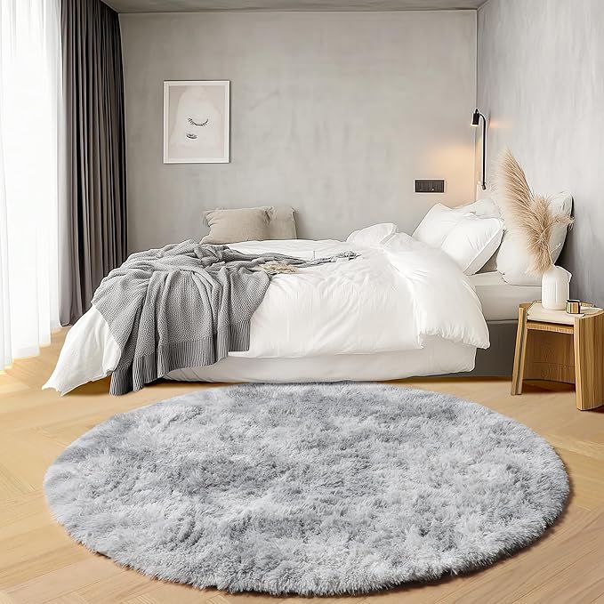 ONASAR Tie-Dyed Light Grey Round Area Rug 4ft, Ultra Soft Bedroom Circle Rugs for Kids Girls Teen Room, Fluffy Plush Shaggy Carpet Floor Mats for Baby Nursery Living Room Playroom Home Decor