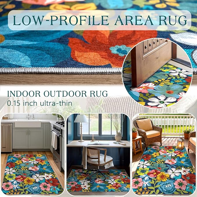 3x5 Boho Entry Rug - Small Washable Indoor Outdoor Mats for Front Door Non-Slip Porch Rug Spring Summer Colorful Floral Throw Rugs for Living Room Bedroom Entryway Kitchen Office Porch Decor