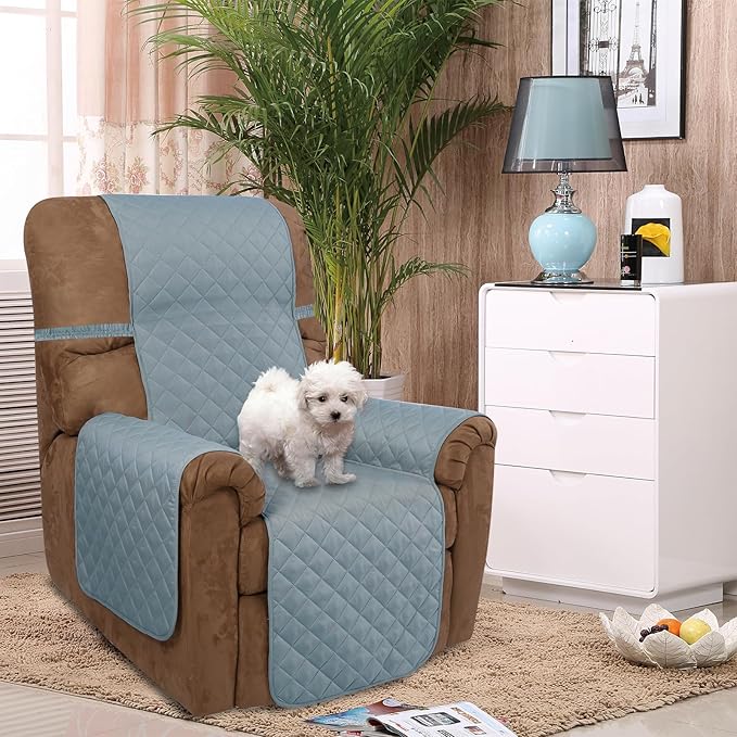 U-NICE HOME Recliner Chair Covers Reversible Quilted Water Repellent Pet Protectors with Elastic Straps (23''Recliner Small, Light Blue/Beige)