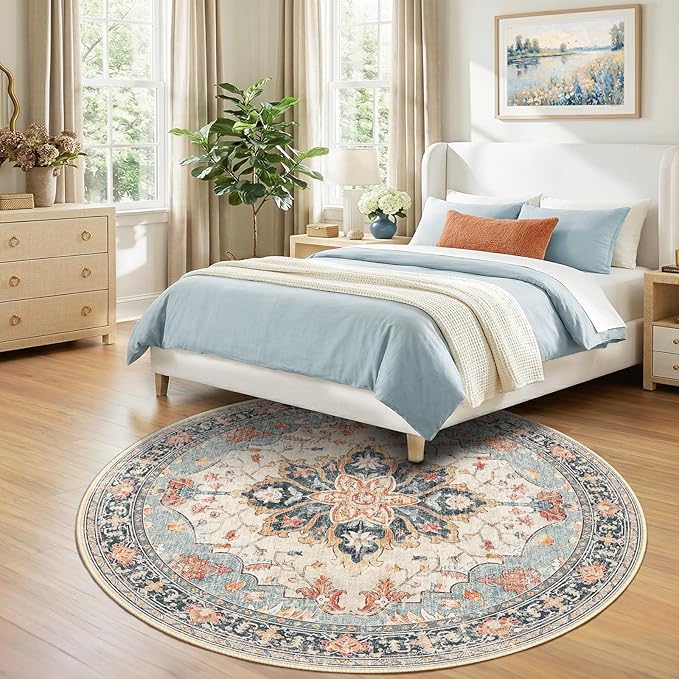 RELEANY Area Rugs 7ft Washable Non-Slip, Floral Vintage Distress Print Pattern Medallion Carpet for Living Room Bedroom Dining Room, Beige Navy Blue Orange Colorful