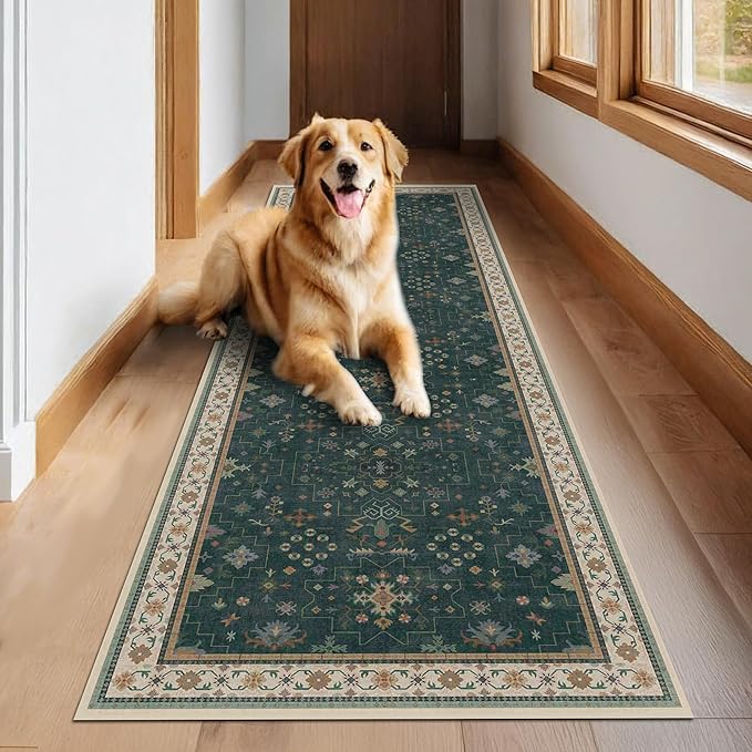 Dark Green Washable Kitchen Runner Rug, 2'6"x8' Wide & Long Non-Slip Rubber Backing Runner for Hallways, Stain Resistant Rugs for Entryway