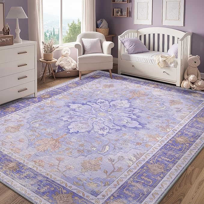 RELEANY Area Rugs 3'x5' Washable Non-Slip, Floral Vintage Distress Print Pattern Medallion Carpet for Living Room Bedroom Dining Room, Light Purple Brown