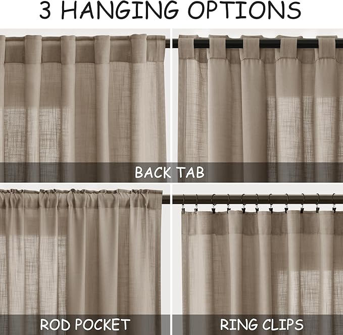 Nanspring Light Taupe Linen Curtains 63 Inches Length 2 Panels Set for Living Room Back Tab Pocket Light Filtering Semi Sheer Drapes Modern Farmhouse Cotton Linen Textured Window Curtain 52X63 Inch