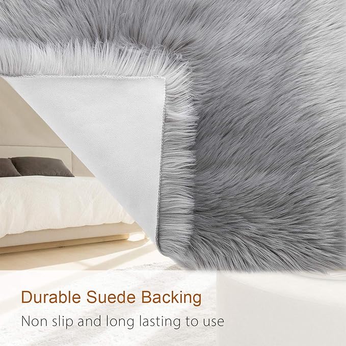 LOCHAS Soft Fluffy Faux Fur Rugs for Bedroom Bedside Rug 2x3 Feet, Washable, Furry Sheepskin Area Rug for Living Room Girls Room, Luxury Shag Carpet Home Decor, Grey
